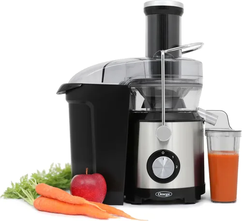 Omega Exprimidor centrífugo con extractor de alta velocidad de canal de 3 pulgadas de ancho para frutas y verduras, cuenta con filtro de acero Negro