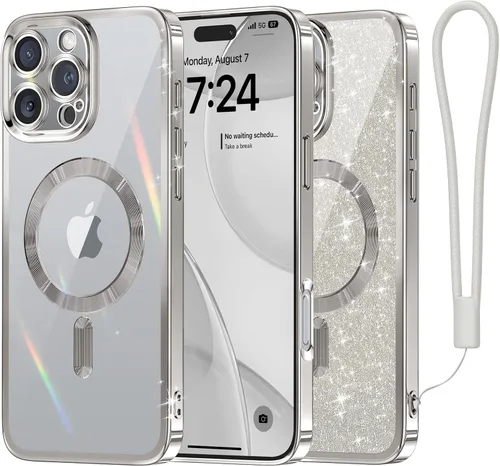 Miniatura 13 de Meifigno Candy Mag Series - Funda diseñada para iPhone 15 Pro, compatible con MagSafe, tarjeta con purpurina y correa de muñeca, protección completa
