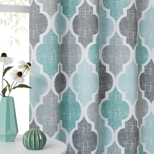 Miniatura 6 de Beauoop Cortinas 100% Opacas de 45 Pulgadas de Largo, 2 Paneles para Dormitorio, Sala de Estar, Gris Aqua Marroquí Geométrico, Oscurecimiento