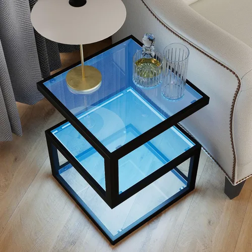 Miniatura 4 de Mesa auxiliar de vidrio Permory, mesa lateral de 3 niveles con tira de LED, mesa de diseño único en forma de S para sala de estar y dormitorio
