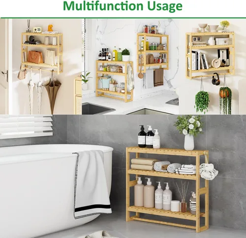Miniatura 6 de RRX - Estante organizador de almacenamiento para baño, estante ajustable de 3 niveles, color beige Organizador de bambú para almacenamiento sobre