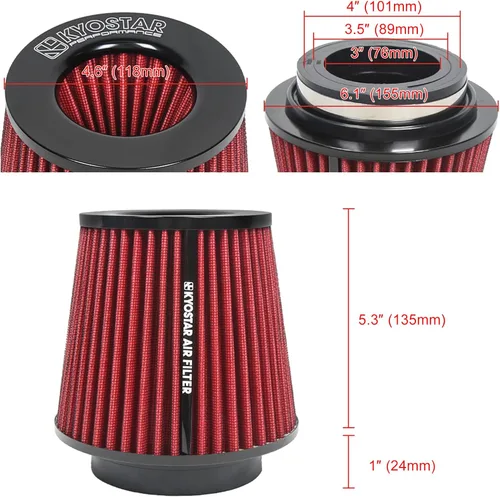 Miniatura 110 de KYOSTAR Filtro de aire universal de alto flujo de 3" (76 mm), entrada de aire frío de cono reutilizable, alto rendimiento, lavable, kit de aire seco