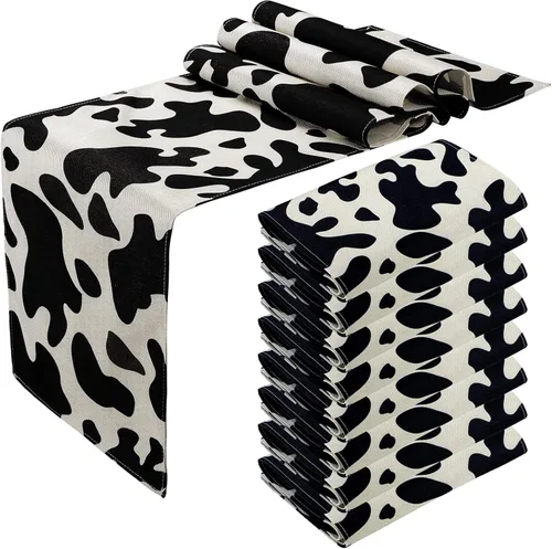 Miniatura 8 de Kingdder 2 piezas de camino de mesa de lino con estampado de vaca, mantel de cuero de vaca blanco y negro para fiestas, cocina, granero occidental