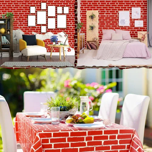 Miniatura 7 de Chumia 6 manteles de ladrillo rojo, fondo de pared de ladrillo de plástico de 54 x 108 pulgadas, mantel rectangular para decoración de fiesta