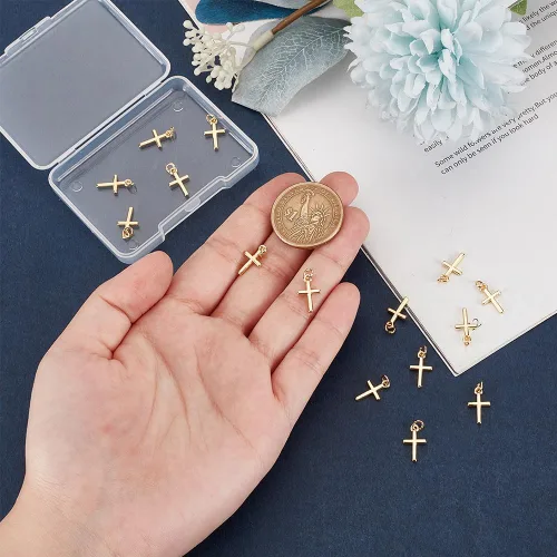 Miniatura 3 de BENECREAT 16 dijes de cruz de latón chapado en oro real de 18 quilates, dije de cruz pequeña para hacer joyas, collares, manualidades