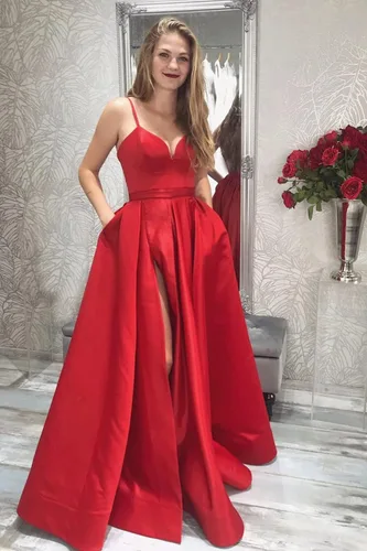 Miniatura 3 de Xjizu Vestido de fiesta de satén con tirantes delgados para mujer, vestidos largos de fiesta de noche con bolsillos