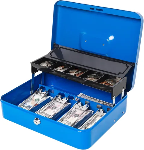 Miniatura 11 de Jssmst Caja grande de metal con cerradura con bandeja de dinero, caja de dinero con cerradura de combinación, color negro Cerradura de combinación