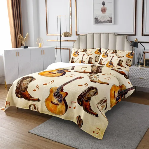 Miniatura 3 de Castle Fairy Cowboy Boots Bedspread Twin Size Bohemia Musical Guitar Coverlet Set Boys Bedroom Present Western Rustic Cowgirl Decor Bedding Set