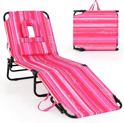Miniatura 10 de GYMAX Silla de bronceado, silla de playa de 350 libras con agujero para la cara, almohada lavable y correa de transporte, tumbona plegable