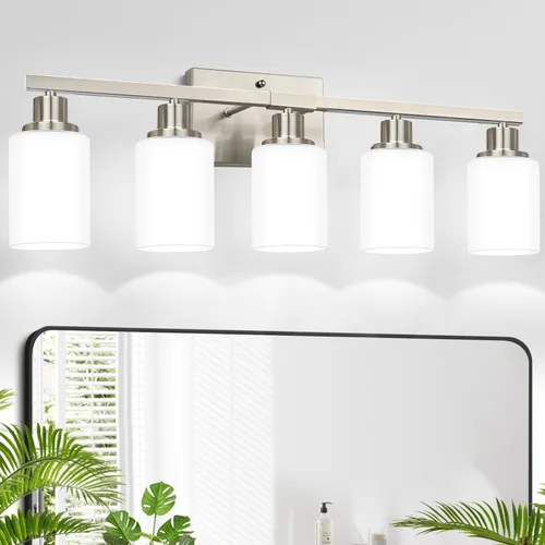 Miniatura 25 de MOKATNG Juego de 2 apliques de pared para baño, luces de tocador modernas negras con pantalla de vidrio blanco, lámpara de pared de baño