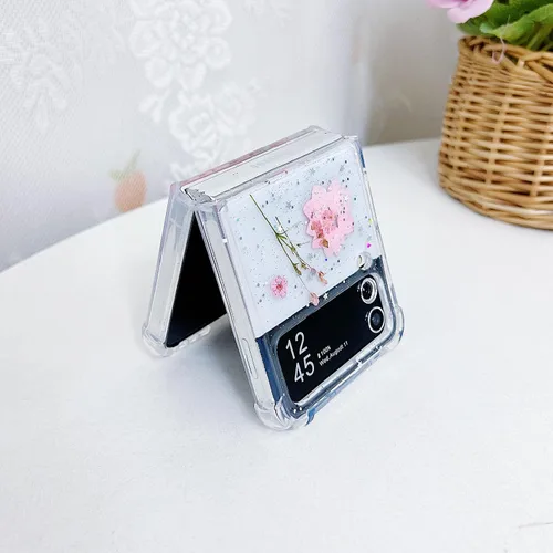 Miniatura 4 de Compatible con Samsung Galaxy Flip 4, funda transparente con flores secas prensadas, para mujeres y niñas, TPU suave a prueba de golpes, funda