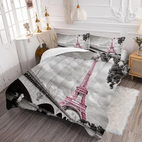 Miniatura 3 de kxry Juego de edredón de París, tamaño Queen, color rosa, Torre Eiffel Sena, ropa de cama estilo francés, edredón de paisaje urbano de París