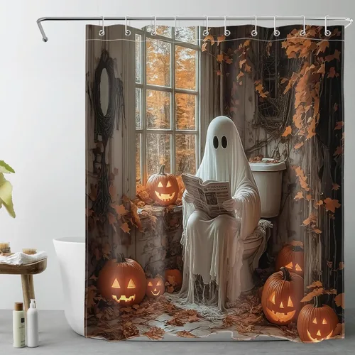 Miniatura 12 de LB Cortina de ducha espeluznante de Halloween, lindo fantasma en flores, árbol negro, luna llena, cortinas de ducha para baño, tela de poliéster