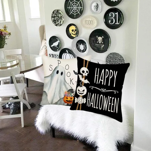Miniatura 3 de Fukeen Juego de 4 fundas de almohada de 16 x 16 pulgadas con texto en inglés «Happy Halloween», «Truco o trato», fantasma, fantasma, horror
