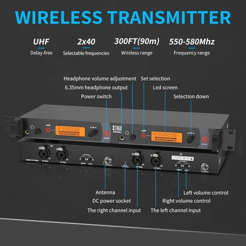 Miniatura 2 de XTUGA RW2080 - Sistema de monitoreo inalámbrico en el oído con 6 Bodypacks, Sistema IEM de diseño mono UHF de doble canal con 40 frecuencias, 91