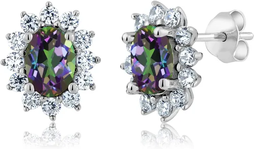 Miniatura 203 de Gem Stone King Aretes ovalados de plata de ley 925 de 0.276 x 0.197 in con piedra natal de la princesa Diana, estilo halo real para mujeres