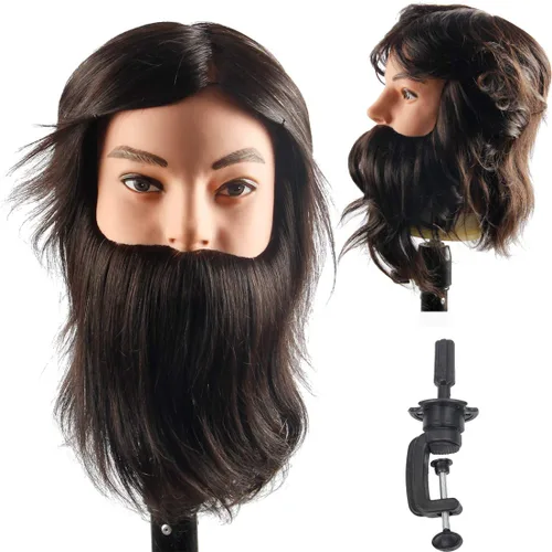 Cabeza de maniquí masculino 100% cabello humano entrenamiento cabeza de muñeca para peinado cosmetología cabeza de maniquí para cortar con soporte