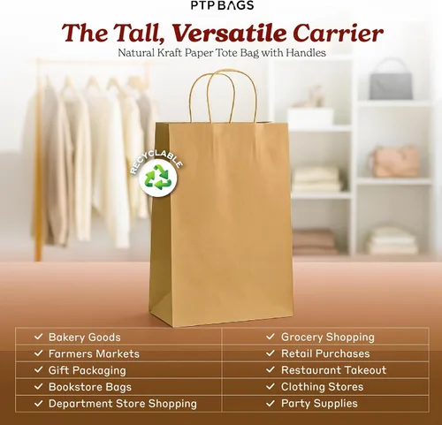 Miniatura 2 de PTP - 250 bolsas de mano para regalo, de papel, Kraft Perfectas para cumpleaños, bodas, vacaciones y toda ocasión Colores blanco o natural