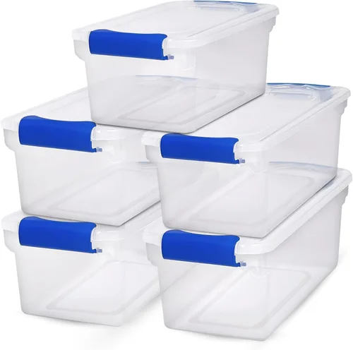 HOMZ Paquete de 5 cubos organizadores de almacenamiento de plástico transparente, 7.5 cuartos de galón, pestillo azul, contenedores organizadores