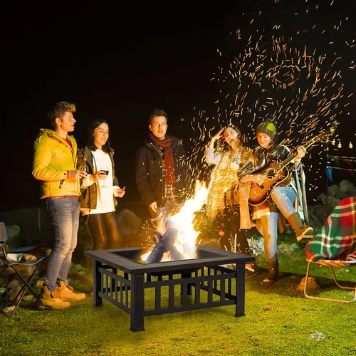 Miniatura 2 de Tangkula Chimenea 3 en 1 para exteriores, chimenea cuadrada de acero de 32 pulgadas con pantalla de chispa, rejilla de troncos, parrilla