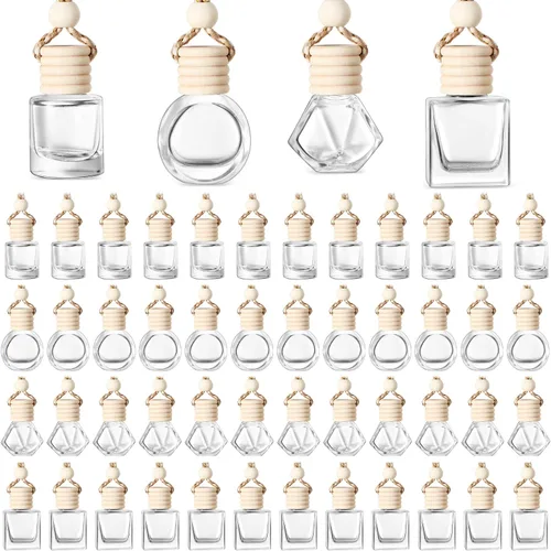 Miniatura 12 de BBTO 100 ambientadores para automóvil con tapa de madera, difusor de aromaterapia vacío, soporte de fragancia transparente para automóvil, colgante
