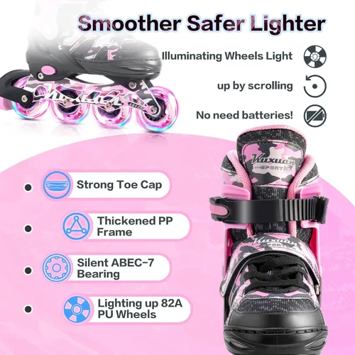 Miniatura 5 de Kuxuan Patines en línea ajustables para niños con ruedas iluminadas, divertidos patines iluminadores para niños, niñas y jóvenes Rosa