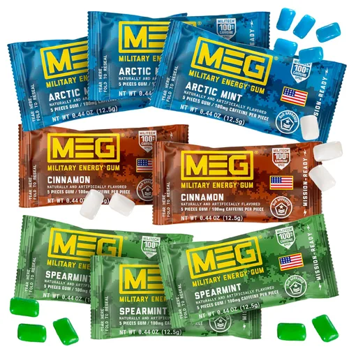 MEG - Goma de mascar Military Energy Gum | 100 mg de cafeína por pieza + Aumenta la energía + Mejora el rendimiento físico + Múltiples sabores de