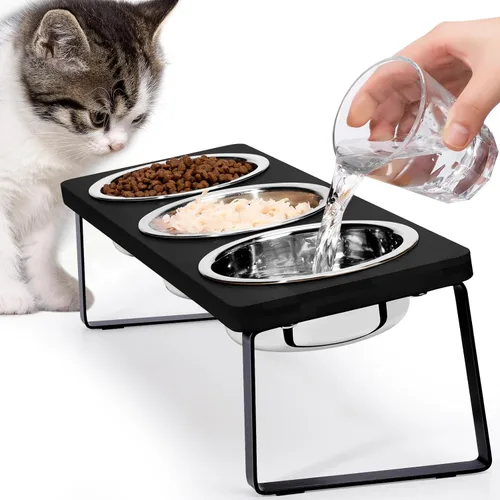 Miniatura 9 de Tazones elevados para comida y agua para gatos – Tazón elevado de acero inoxidable inclinado en 15° con soporte de bambú negro y estación