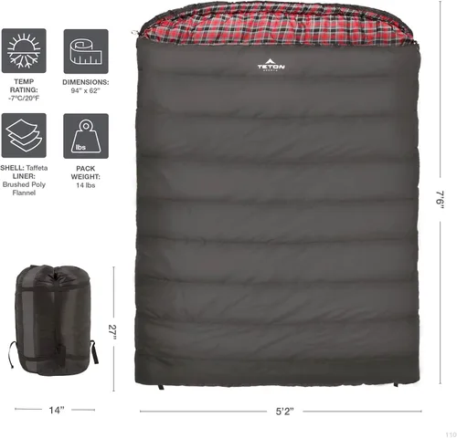 Miniatura 3 de Teton Mammoth - Saco de dormir doble tamaño Queen - Una bolsa cálida que toda la familia puede disfrutar, ideal para camping, caza y campamento Gris