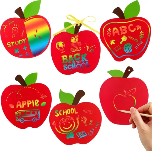 JULMELON Paquete de 36 tarjetas para rascar con diseño de manzanas para el regreso a clases, tarjetas para rascar arcoíris con cintas de lápiz