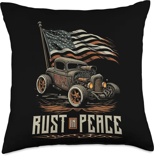 Rat Rod & Hot Rodder Gift for Rust Bucket Car Fans Hot Rusty Car Rust in Peace, almohada patriótica vintage para barra de rata, 18 x 18 pulgadas,