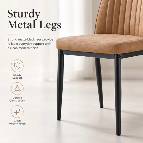 Miniatura 4 de Juego de 4 sillas de comedor, tapizadas de tela de gamuza marrón con respaldo alto, costuras verticales de canal, asiento acolchado, patas de metal