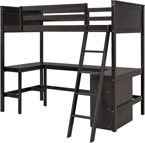 Miniatura 9 de Harper & Bright Designs Cama tipo loft individual con escritorio y 3 estantes, marco de cama tipo loft de madera maciza con escalera en ángulo