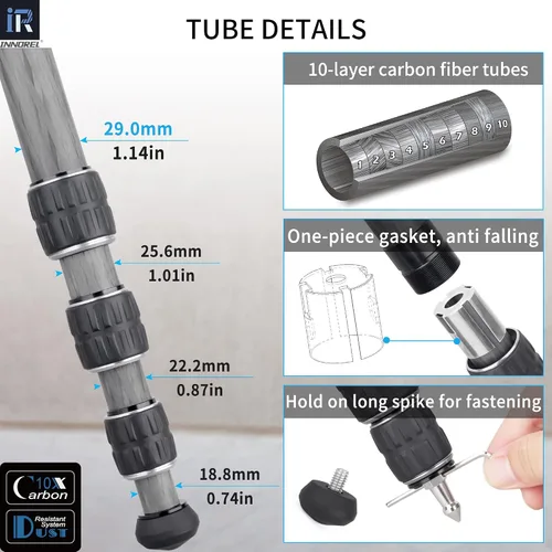 Miniatura 5 de Trípode de viaje profesional KT284C de fibra de carbono para cámara DSLR, soporte resistente con tubo de 1.1 pulgadas/1.142 in, centro de gravedad