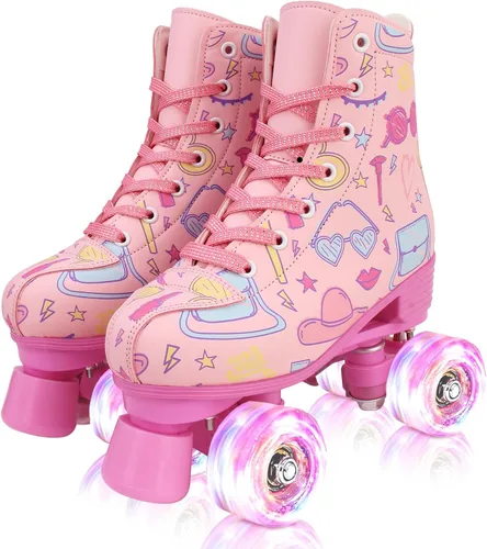 XUDREZ Patines de ruedas para niñas y mujeres, elegantes patines rosados con ruedas iluminadas para niños, jóvenes, niñas de 6 a 12 años, interiores