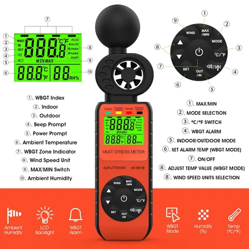 Miniatura 3 de Anemómetro medidor de estrés por calor, termómetro de globo de bombilla húmeda para exteriores WBGT para velocidad del viento/humedad/alarma WBGT