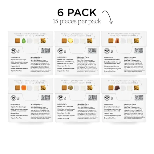 Miniatura 3 de Goma de Mascar Natural Surtida de Simply Gum, sin OGM, Vegana, 6 paquetes (90 piezas), incluye Menta, Canela, Jengibre, Hinojo, Café, Arce
