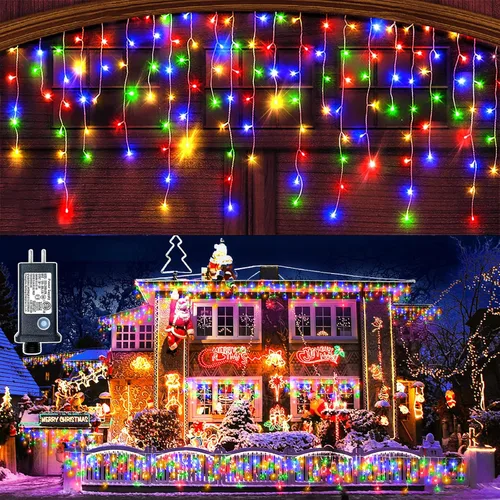Miniatura 10 de Luces de Navidad de carámbano para exteriores, 66 pies, 640 luces LED de Navidad azules y blancas, 8 modos con 120 gotas, luz de carámbano
