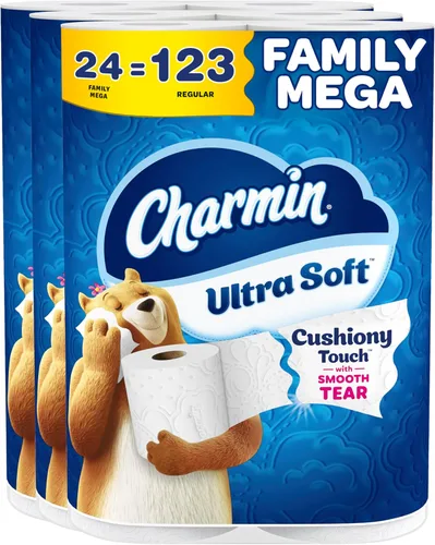 Charmin Papel higiénico Ultra Soft Cushiony Touch, 24 mega rollos familiares = 123 rollos regulares