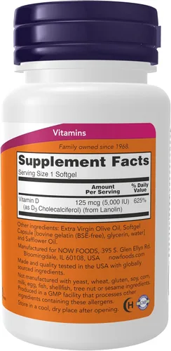 Miniatura 2 de Complejo vitamínico Now Foods, Vitamina D3 5000 UI, 240 cápsulas blandas, 0372, 120, 1, 1