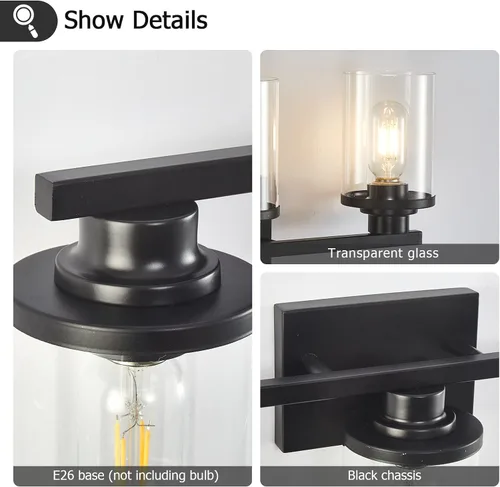 Miniatura 5 de 3 Luces Negras para Tocador de Baño con Pantalla de Vidrio Transparente, Apliques de Pared Modernos de Iluminación para Baño Sobre Espejo