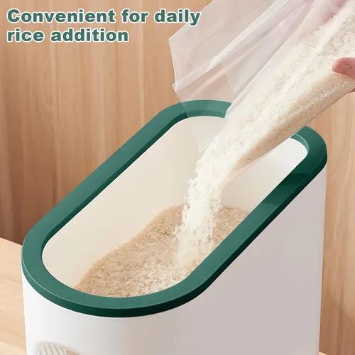 Miniatura 3 de LUOKER Dispensador de arroz, almacenamiento de arroz de 25 libras con taza medidora, recipiente de arroz blanco y verde con un solo toque