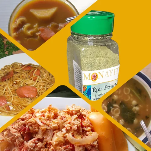 Miniatura 8 de Monayiti Epis Haitian Style Seasoning 14oz (400g). Condimentos en polvo. Mezcla de perejil, cebolla, ajo, base de pollo, sal, especias. No vegano.