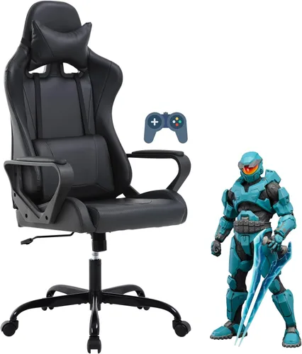 Silla ergonómica para videojuegos, silla de oficina de piel sintética con respaldo alto y soporte lumbar ajustable y reposacabezas - Silla giratoria