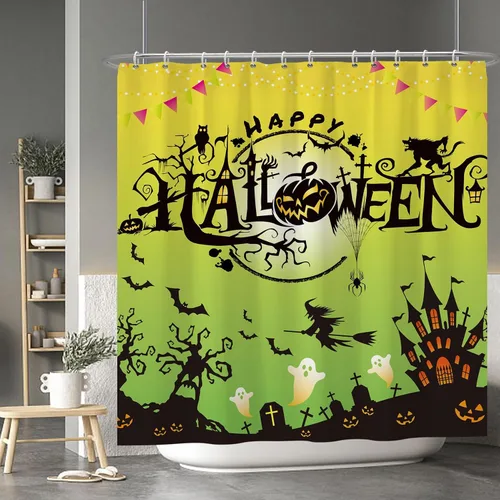 Miniatura 148 de Cortina de ducha de fantasma y gato negro para niños, 36 x 72 pulgadas, espeluznante y bonita, cortina de baño de Halloween con 6 ganchos, cortina