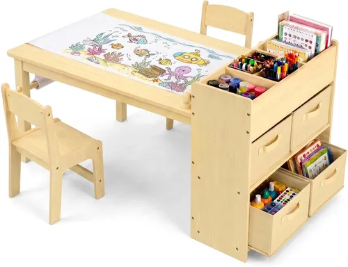 Miniatura 10 de Arlopu - Juego de mesa y 2 sillas de arte para niños, mesa de actividades de madera para niños de gran tamaño, escritorio de dibujo robusto con gran