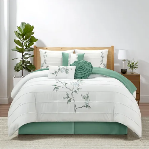 Miniatura 20 de Grand Avenue Juego de edredón de 7 piezas, tamaño California King, edredón con estampado floral, juego de ropa de cama suave a la moda, falda