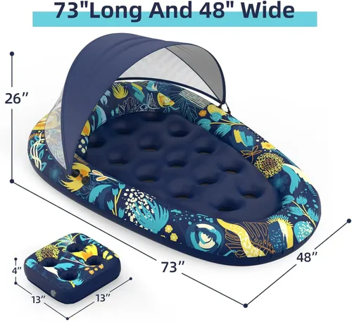 Miniatura 3 de Sunikko X Flotadores de piscina 3 en 1 con soporte para toldo, flotadores grandes de 73 x 48 pulgadas para adultos, resistente, tumbona inflable
