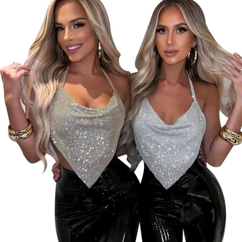 Miniatura 4 de RARITYUS Camiseta corta sexy con diamantes de imitación brillantes y sin espalda para mujer, cuello redondo, con cadena, camiseta sin mangas
