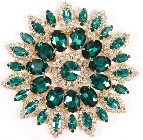 Broche de flores de diamantes de imitación de cristal, base de oro verde para mujer, broche de ramillete grande de 4.3 in, bolso de bufanda,